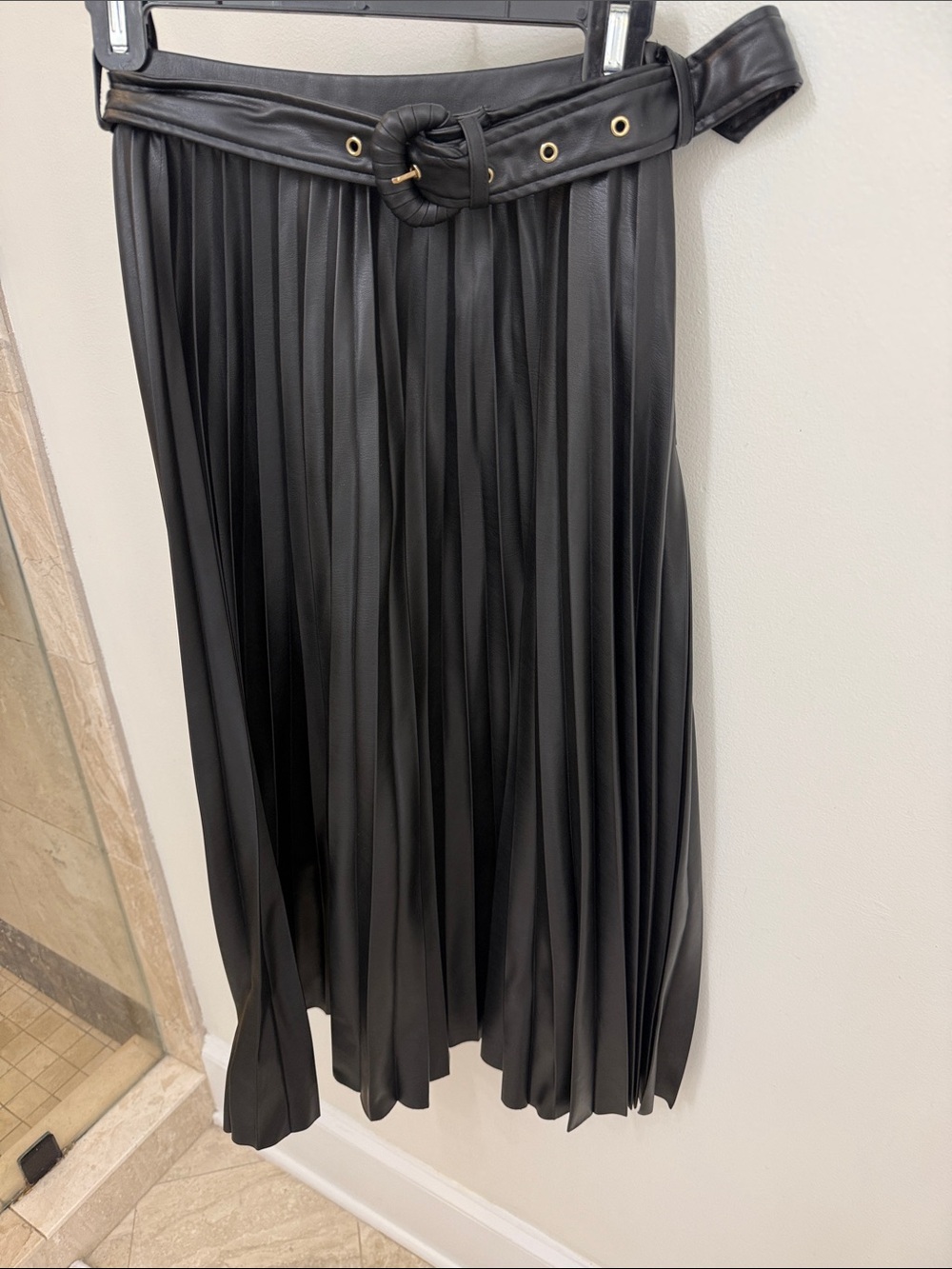 Zara Black Pleated Faux Leather Midi Skirt with Belted Waist